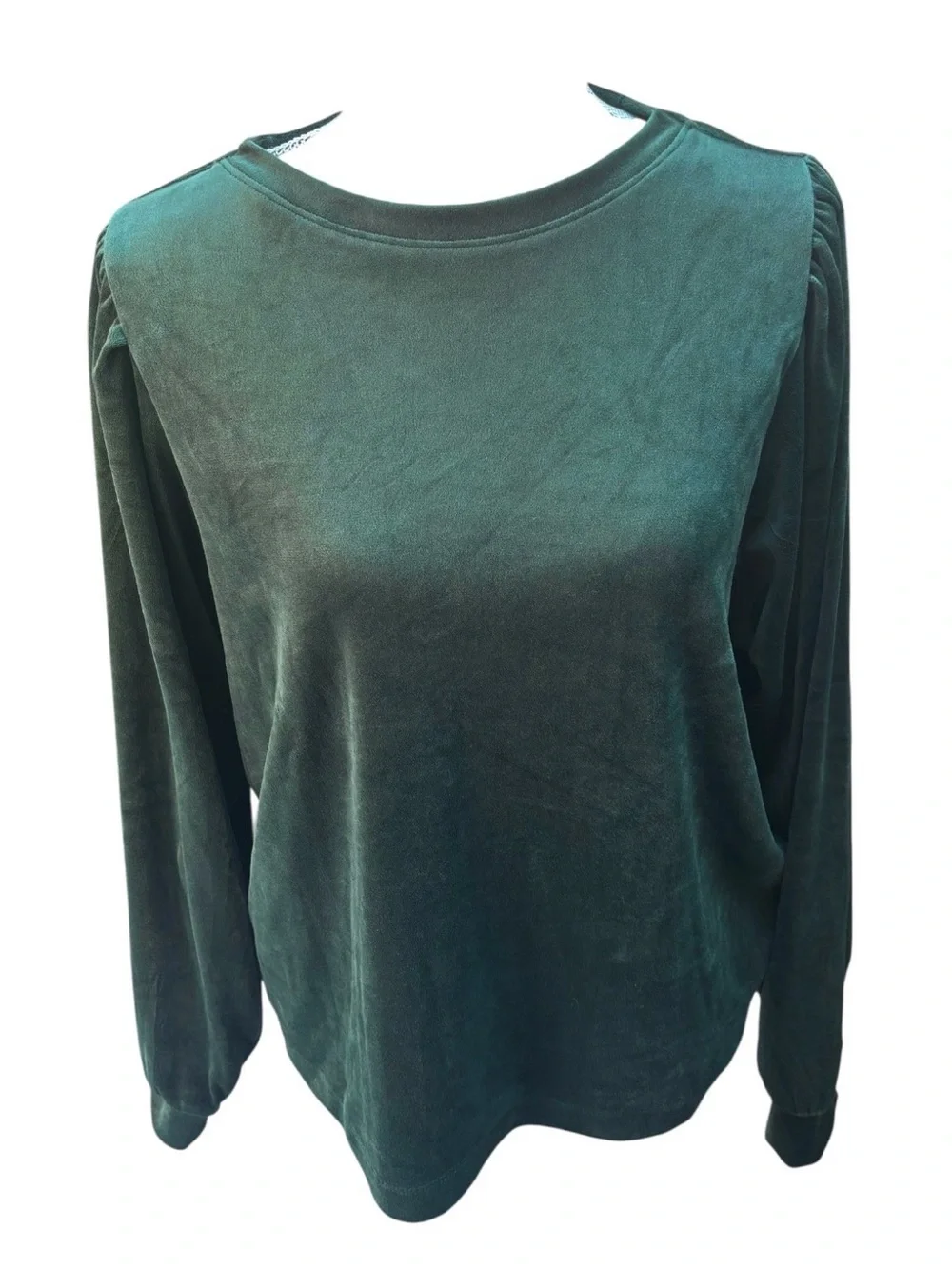 LOFT Green Velour Puff Sleeve Blouse Dark Emerald Holiday Velvet L Whimsygoth
